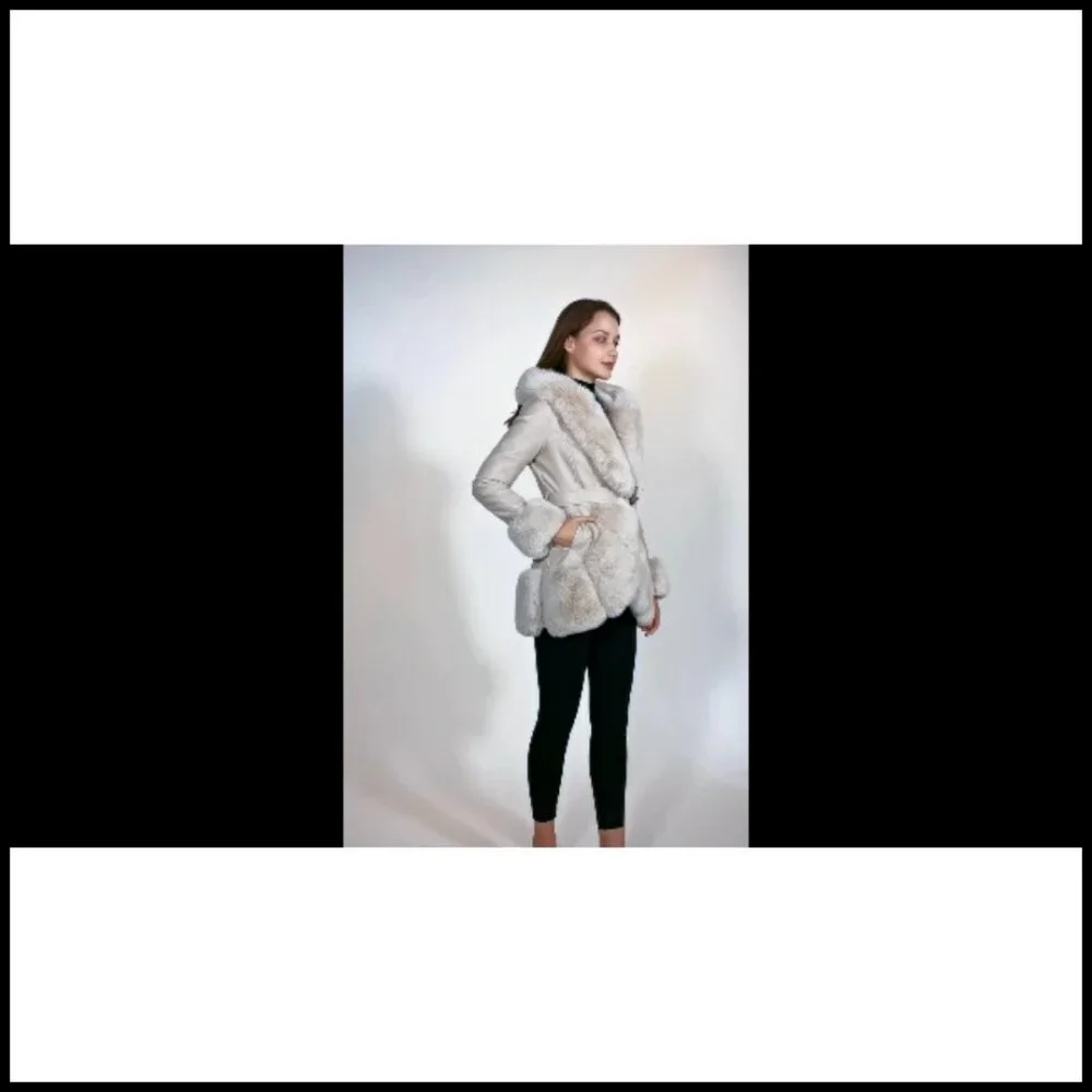 Faux Leather Coat with Faux Fur Collar Slim Fit Belted Mid Length Hooded Jacket - Picture 6 of 6